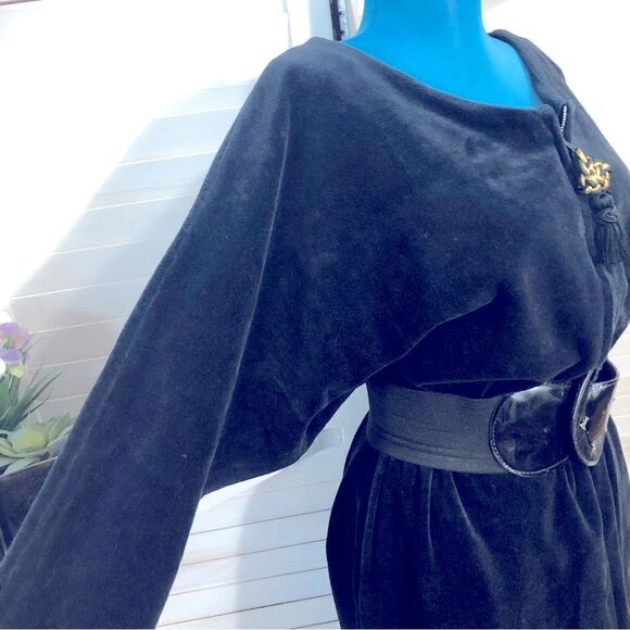 Sacks Fifth Ave vintage 70s 80s oversized blue velour long sleeves midi dress S - Picture 3 of 11